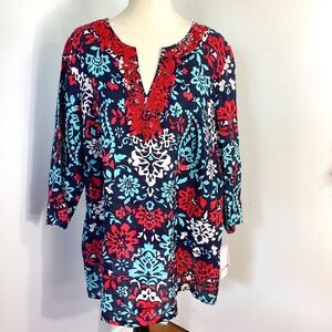 NWT CHARTER CLUB LUXARY WOMAN PLUS 2X 100% LINEN TUNIC CORAL BEADS BEACH…
